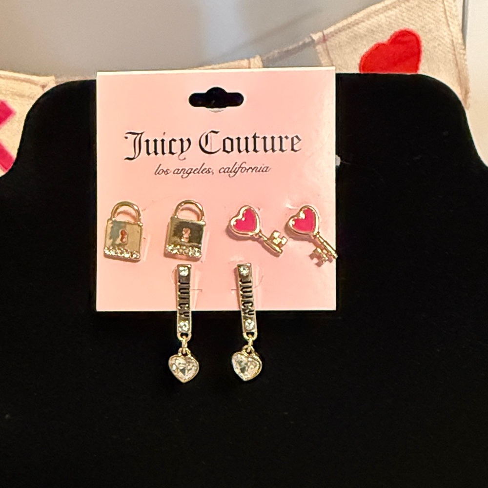 Juicy Couture Gold and Pink Heart Key Earrings- 3 pair NWT